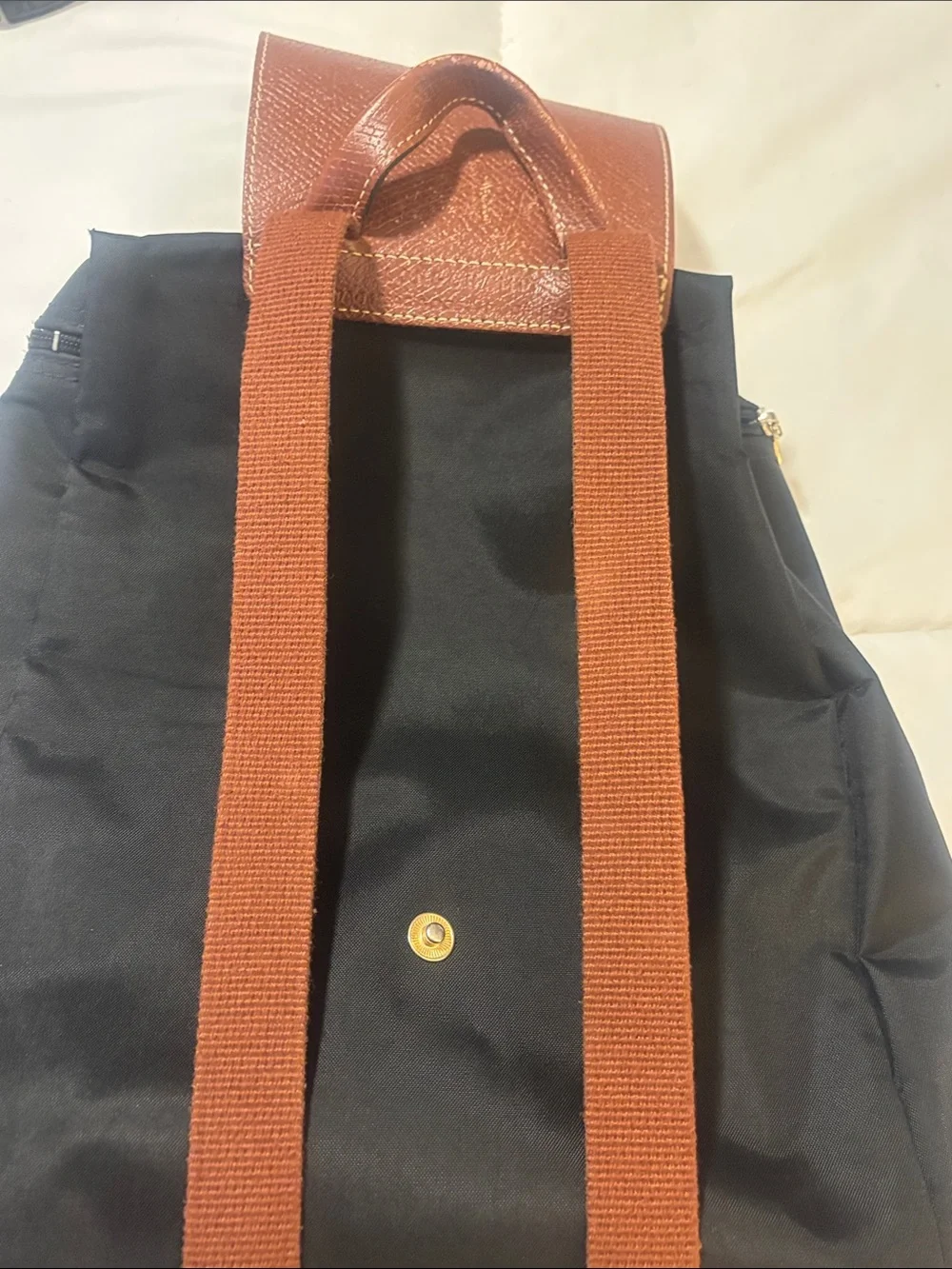 Longchamp Black Nylon Backpack with Brown Leather Flap and Straps - Picture 8 of 9